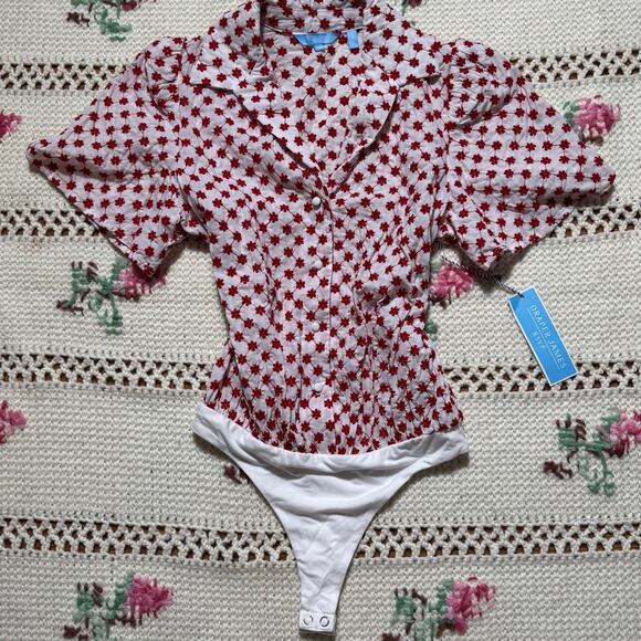 Draper James RSVP Red Floral Embroidered Bodysuit NWT Puff Sleeve Collared XS - Picture 1 of 7